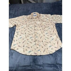 Pendleton Mens Large Tan Fishing Lure Fly Print Short Sleeve Cotton Button Shirt